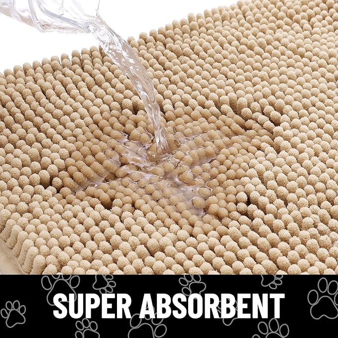 Smiry Dog Door Mat for Muddy Paws, Absorbent Dirt Trapper Non Slip Quick Dry Washable Chenille Mat for Mud Dogs, Entry Rug for Indoor and Outdoor (59x24 Inches, Beige and White)