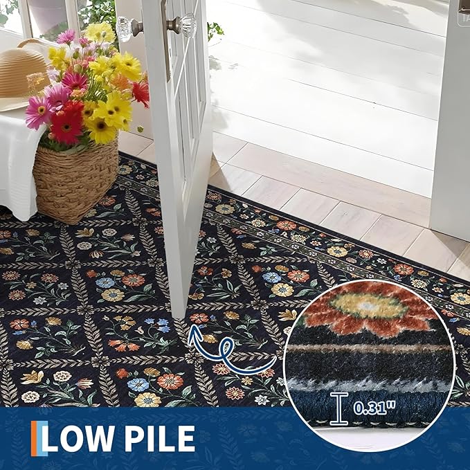 GarveeHome Living Room Rug 5x7 Rug Machine Washable Stain Resistant Area Rug Non Slip Floral Vintage Low Pile Rugs for Living Room, Bedroom, Farmhouse, Dining Room, Kids PlayroomNavy&Black