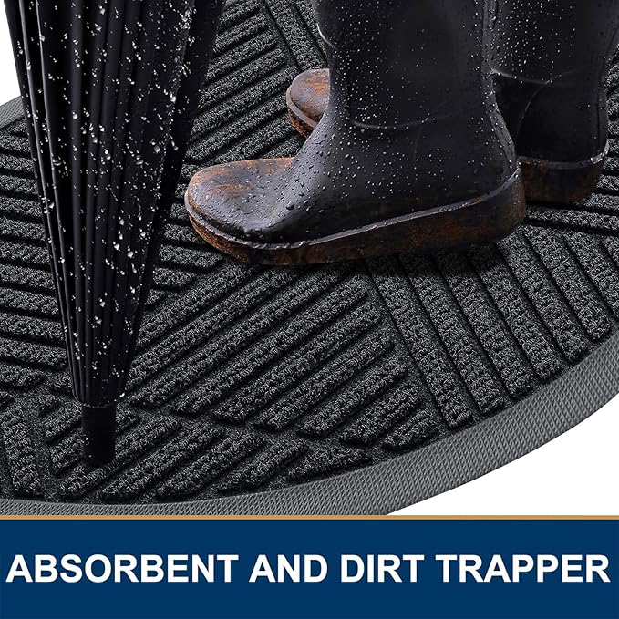 Smiry Half Circle Front Door Mat Outside Entrance, Heavy Duty Sturdy Natural Rubber Doormat, Trap Dirt and Moisture, Low Profile Mats for Indoor Outdoor Entry, Irregular Triangle (35x23, Black)