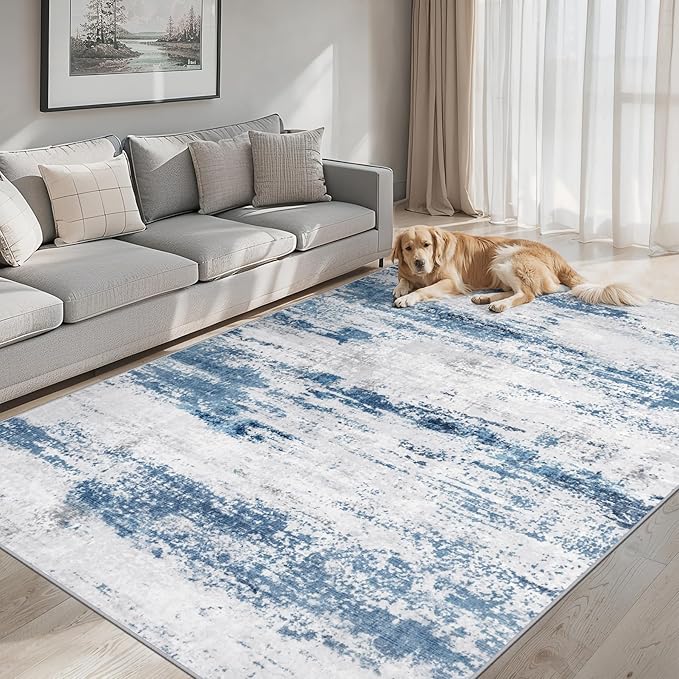 Area Rugs 9x12 Living Room - Washable Rug Modern Abstract Soft Large Neutral Non-Slip Carpet Indoor Floor Thin Carpets for Bedroom Dining Room Farmhouse Nursery Home Office White Blue Grey