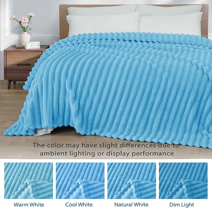 Exclusivo Mezcla Fleece Throw Blanket for Couch, Super Soft Striped Jacquard Bed Blanket, Lightweight Fuzzy Cozy for All Seasons, 50x60 Inches, Blue