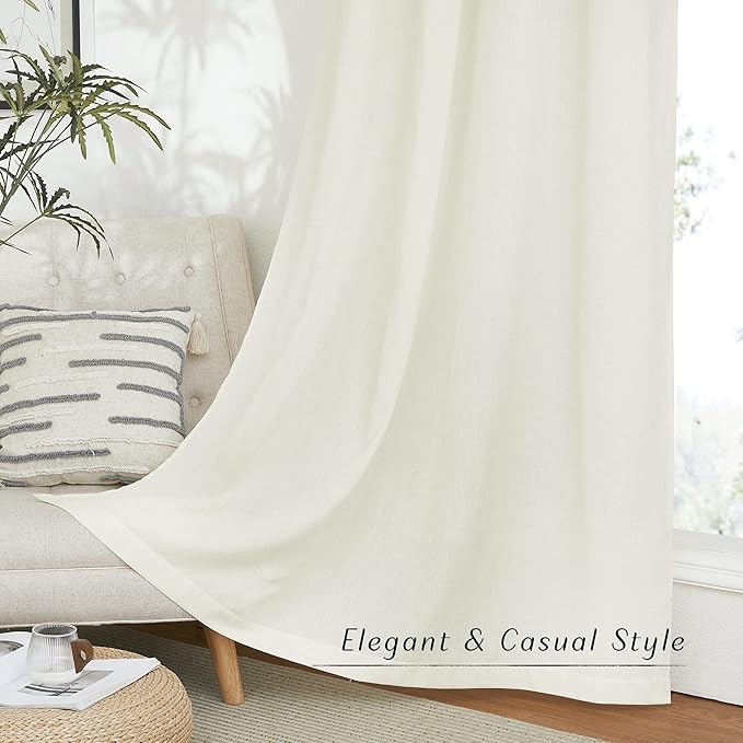 NICETOWN Off White Curtains Linen Blend for Bedroom, Vintage Grommet Thick Flax Semi Sheer Privacy Added Window Treatment Light Filtering for Flat/Apartment, 55" W x 72" L, 2 Panels