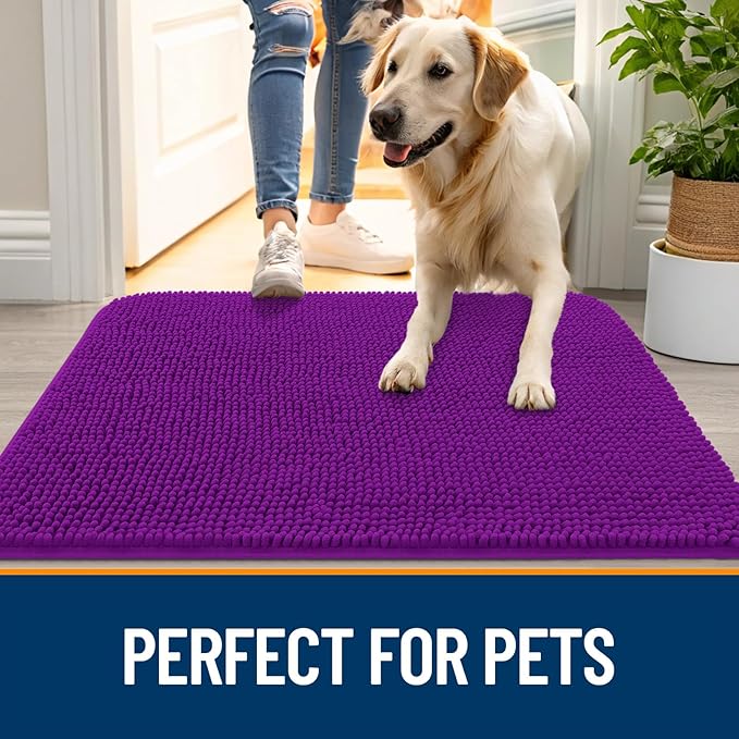 OLANLY Dog Door Mat for Muddy Paws 70x32, Absorbs Moisture and Dirt, Absorbent Non-Slip Washable Doormat, Quick Dry Chenille Mud Mat for Dogs, Entry Indoor Entryway Carpet for Inside Floor, Purple