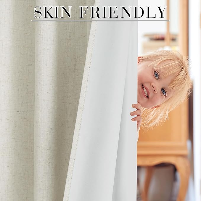 RYB HOME Natural Linen 100% Blackout Curtains for Bedroom 52 Width 108 Long, Linen Blackout Curtains Privacy Protection& Thermal Insulated for Sliding Door/Living Room, 2 Panels