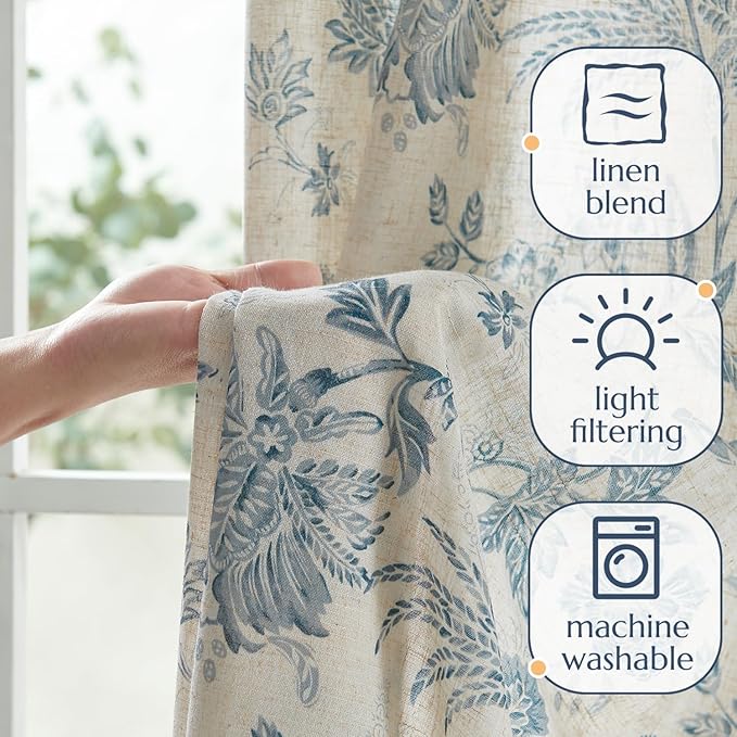 jinchan Linen Floral Curtains for Living Room with Printed Flower 108 Inches Long Light Filtering Extra Long Back Tab Rod Pocket Blue Window Curtain Set Farmhouse Drapes, 2 Panels Blue