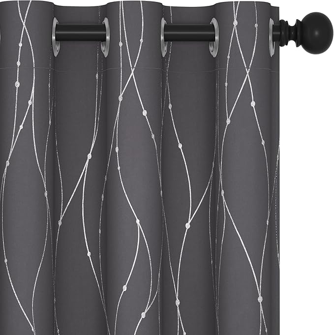Deconovo Grey Blackout Curtains for Bedroom, Thermal Insulated Soundproof Drapes, Wave Dots Foil Print, 38 x 84 Inches Long, 2 Panels, Machine‑Washable Privacy Window Panel for Living Room Patio Door