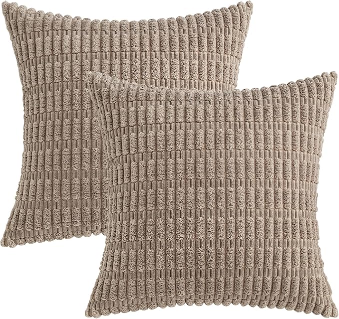 MIULEE Pack of 2 Corduroy Decorative Throw Pillow Covers 20x20 Inch Soft Boho Striped Pillow Covers Modern Farmhouse Home Decor for Sofa Living Room Couch Bed Light Brown