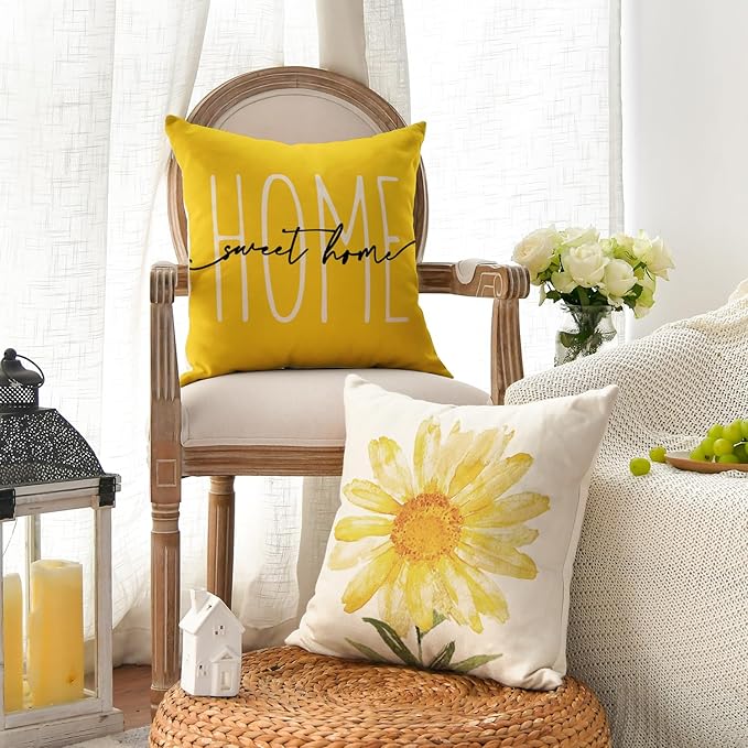 AVOIN colorlife Home Sweet Home Spring Summer Flowers Yellow Throw Pillow Covers, 16 x 16 Inch Cushion Case for Sofa Couch Set of 4