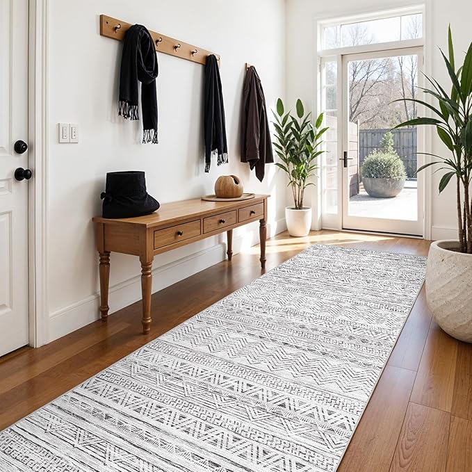 3x10 Washable Hallway Runner Rug - Moroccan Non-Slip Long Runners for Entryway Soft Modern Geometric Low-Pile Rugs for Kitchen Waterproof Neutral Carpet for Bedrooom Bathroom Laundry 3x10 Grey