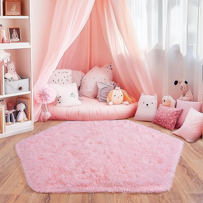 4x4.6 Feet Pink Hexagon Rugs for Princess Tent, Ultra Soft Fluffy Hexagon Area Rug for Bedroom, Cute Shag Rugs for Girls Room, Fuzzy Plush Carpet for Kids Room Tent Castle Home Decor