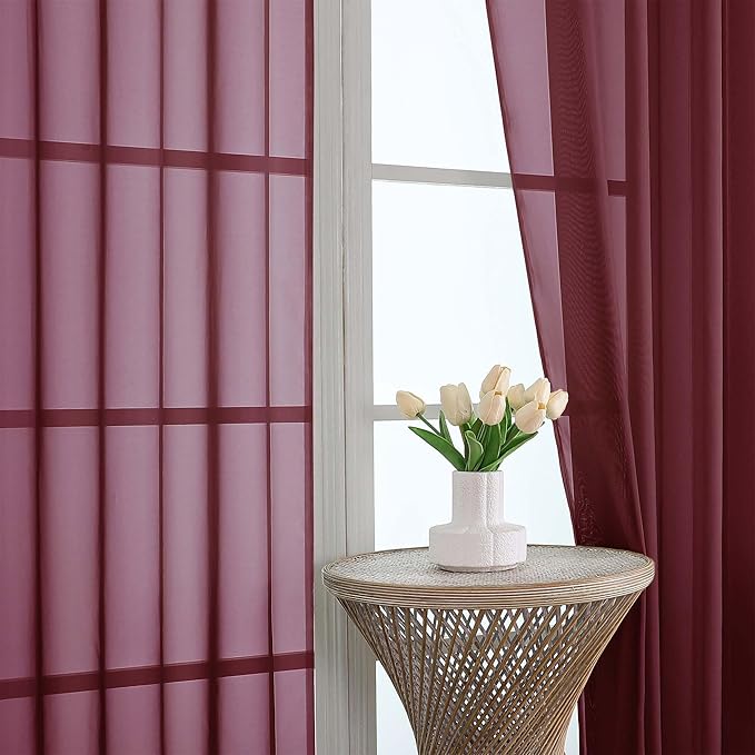 OVZME Burgundy Sheer Curtains 84 Inches Long 2 Panels Set, Light Filtering Sheer Curtains for Living Room Bedroom 59 Inch Extra Wide, Modern Voile Filmy Rod Pocket Window Drapes, 59Wx84L Inches