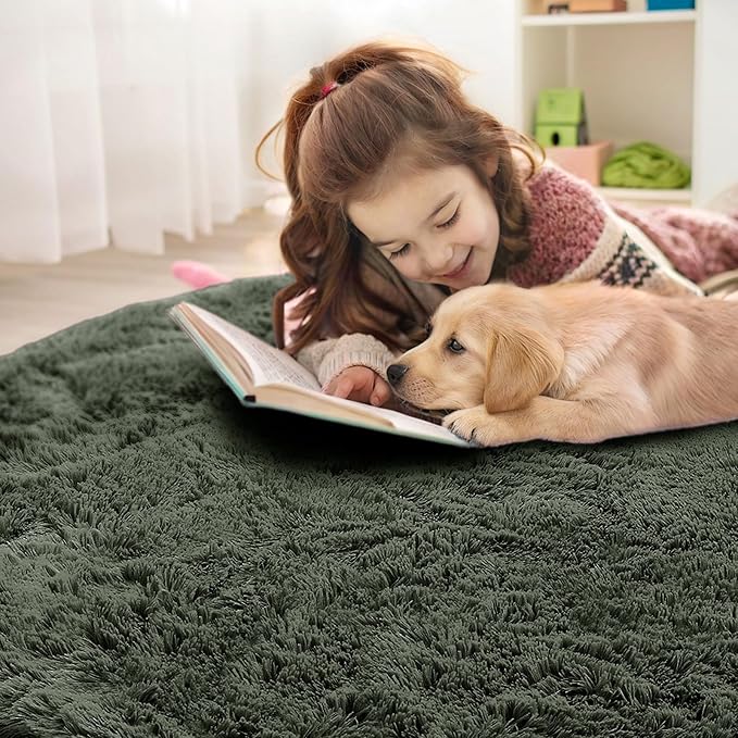 OLANLY Olive Green Round Rugs for Bedroom - Machine Washable, 3 ft Circle Area Rugs for Living Room, Soft and Fluffy Shaggy Carpet for Teen Girl and Boys, Nursery Rooms, Dorms, Home Decor Aesthetic
