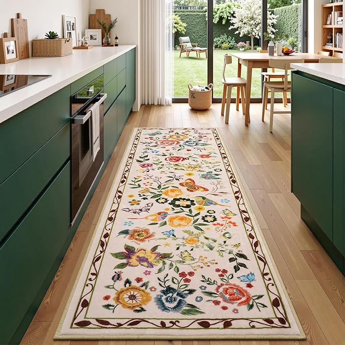 Rugflix 2x6 Runner Rug for Hallway, Washable Kitchen Runner Non Slip, Soft Low Pile Entryway Carpet, Vintage Floral Stain Resistant Long Laundry Room Rugs for Bedroom, Stairs, Beige