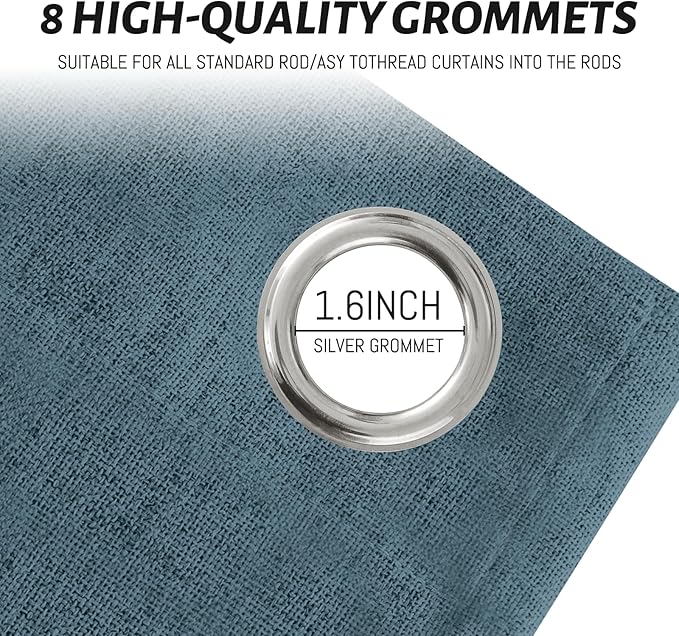 Yakamok Dusty Blue Linen Curtains 100% Blackout 84 Inches Long,Room Darkening Textured Curtains for Living Room Thermal Grommet Bedroom2 Panels with White Liner