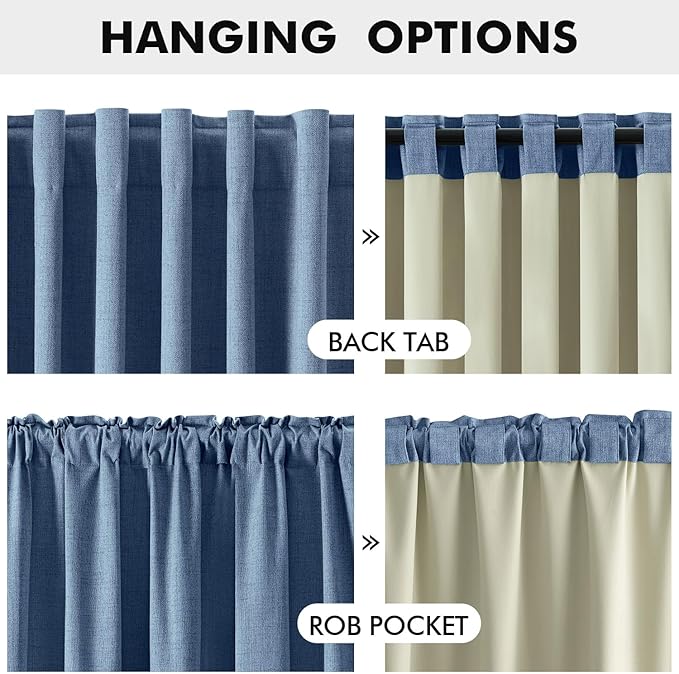 MIULEE 100% Blackout Linen Curtains for Bedroom, Blue Solid Luxury Decor Thermal Insulation Room Darkening Drapes for Living Room Nursery Back Tab Rod Pocket 42 x 63 Inches, 2 Panels