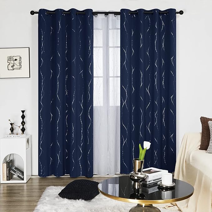 Deconovo Blackout Curtains for Living Room, Thermal Insulated Soundproof Drapes, Wave Dots Silver Print, 52 x 84 Inches Long, 2 Panels, Machine‑Washable Window Panel for Bedroom Patio Door, Navy Blue