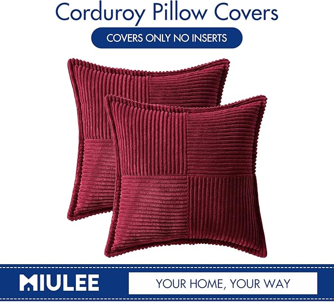MIULEE Decorative Throw Pillow Covers for Couch Bed Livingroom 18x18 Inch Set of 2 Burgundy Boho Accent Throw Pllows Broadside Striped Patchwork Soft Corduroy Pillowcases