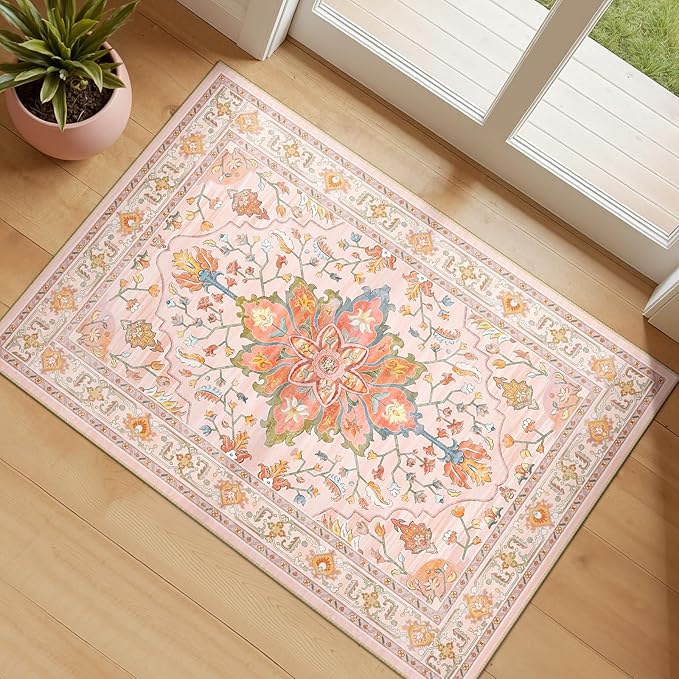 Area Rugs 2'6''x4' Kitchen Rugs Entry Rug Small Rugs for Entryway Kitchen Bathroom Door Mat Indoor Entrance,Washable Non Slip, Light Pink Colorful