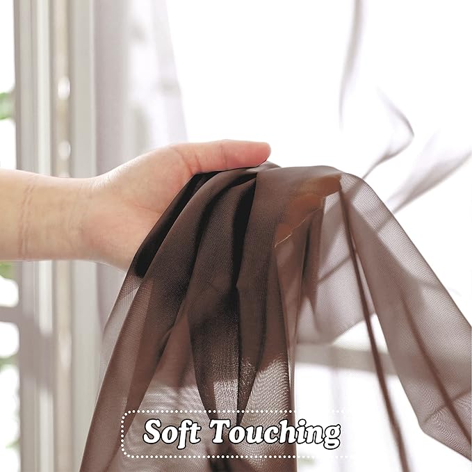OVZME 2 Panels Sheer Curtains 63 Inches Long Light Weight Soft Voile Drapes, Window Curtain Sheers Elegant Rod Pocket Top for Basement Kitchen Bedroom Living Room, Each is 42W x 63L, Brown Chocolate