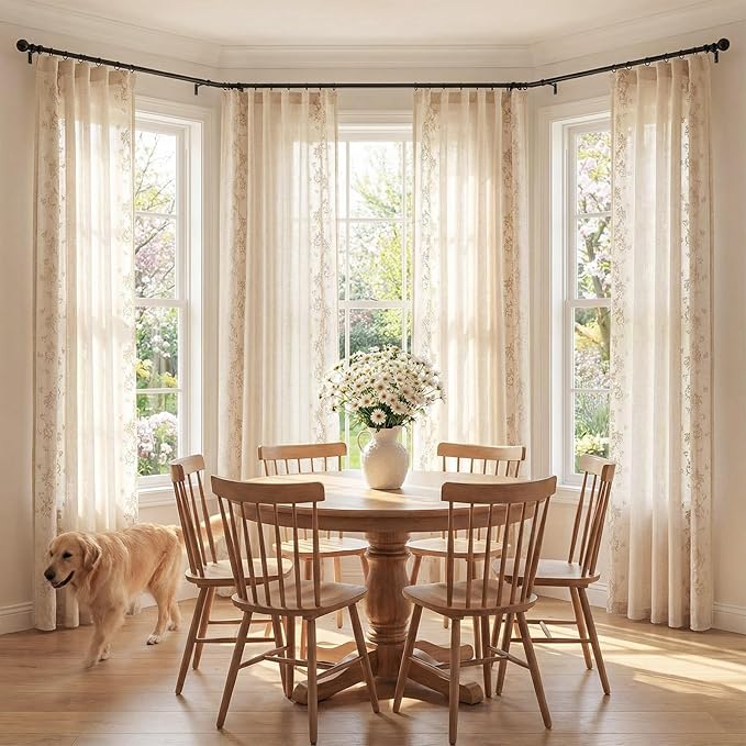 jinchan Evelyn Embroidered Linen Curtains for Living Room Elegant Farmhouse Decor Beige Floral Curtains Semi Sheer Light Filtering Window Drapes for Bedroom Rod Pocket Back Tab 2 Panels W50 x L84