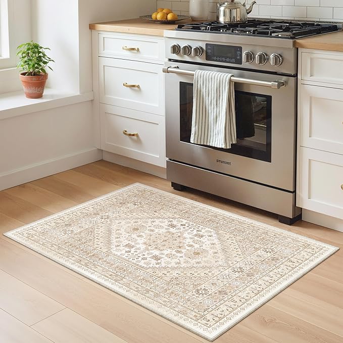 zesthome 2x3 Entryway Rug, Soft Washable Rugs, Non Slip Area Rug, Stain Resistant Low Pile Rugs for Bedroom, Vintage Rug for Door Mat, Kitchen (Cream/Beige,2'x3')