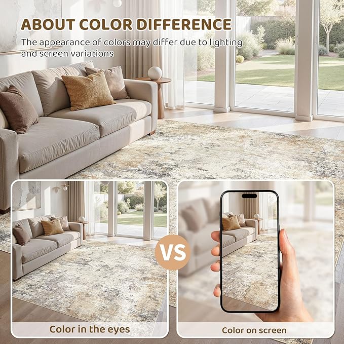 UERMEI 5x7 Area Rug Living Room Rugs - Washable Neutral Modern Abstract Soft Thin Large Rug Indoor Floor No Slip Rug Carpet for Bedroom Under Dining Table Home Office Decor - Golden Grey