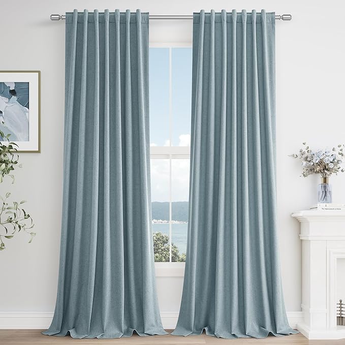 Guken 100% Blackout Linen Curtains 90 Inch Length 2 Panels Set for Living Room Bedroom Back Tab Thermal Insulated Black Out Drapes Room Darkening Farmhouse Style for Bedroom Window Curtains 52x90