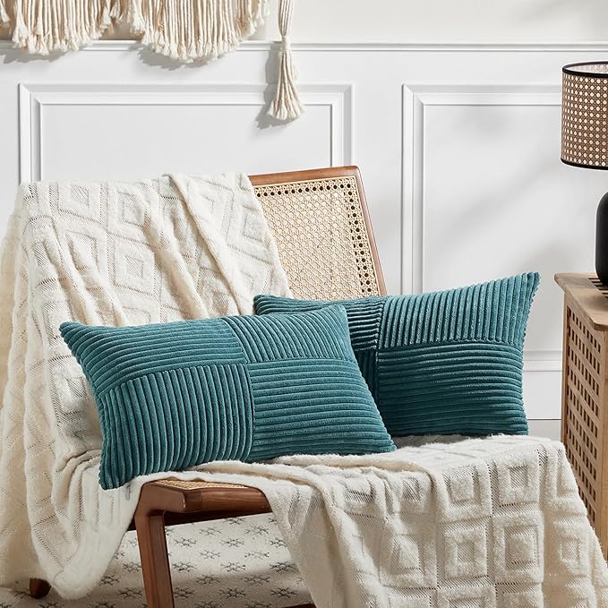 Fancy Homi 2 Packs Teal Lumbar Decorative Throw Pillow Covers 16x26 Inch for Living Room Couch Bed Sofa, Boho Home Decor, Soft Striped Corduroy Rectangle Accent Beige Cushion Case 65x40 cm