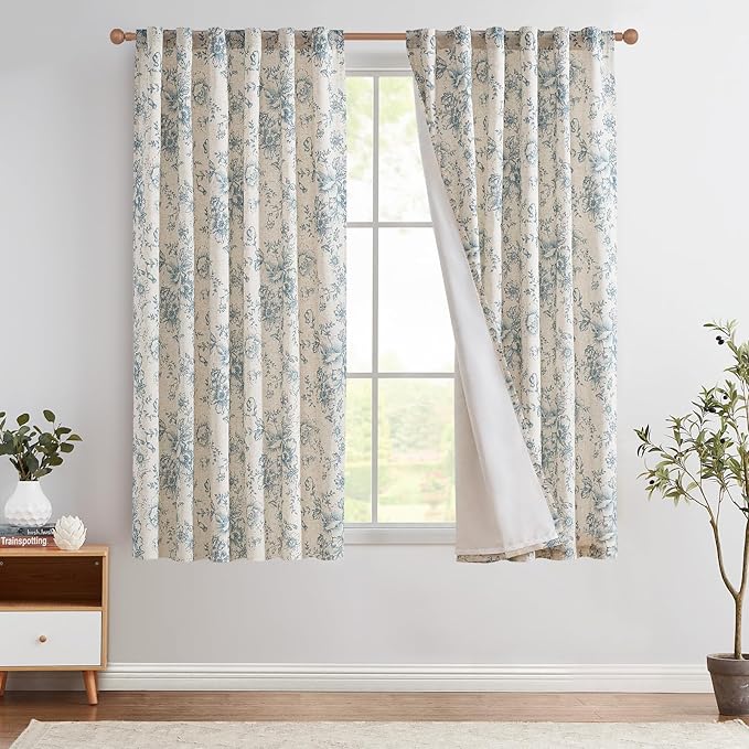 jinchan Lined Linen Blend Curtain Floral Curtains for Living Room 63 Inch Length Blue Peony Flower Printed Curtain Rod Pocket Back Tab Farmhouse Patterned Drapes Bedroom Window Curtains Set 2 Panels