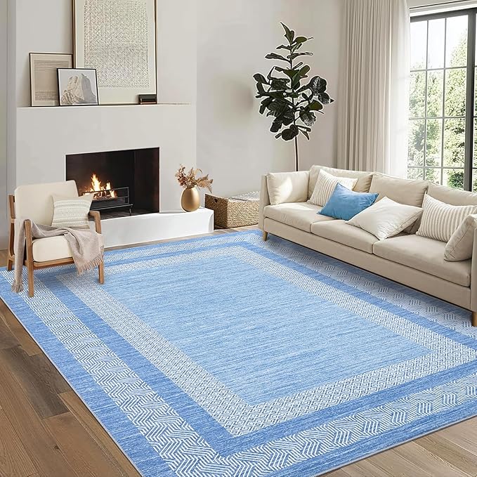 GarveeHome 10x13 Large Washable Geometric Area Rug Non Slip Non Shedding Floor Carpet, Modern Bordered Distressed Light Blue Indoor Printed Rug for Living Room, Bedroom, Office