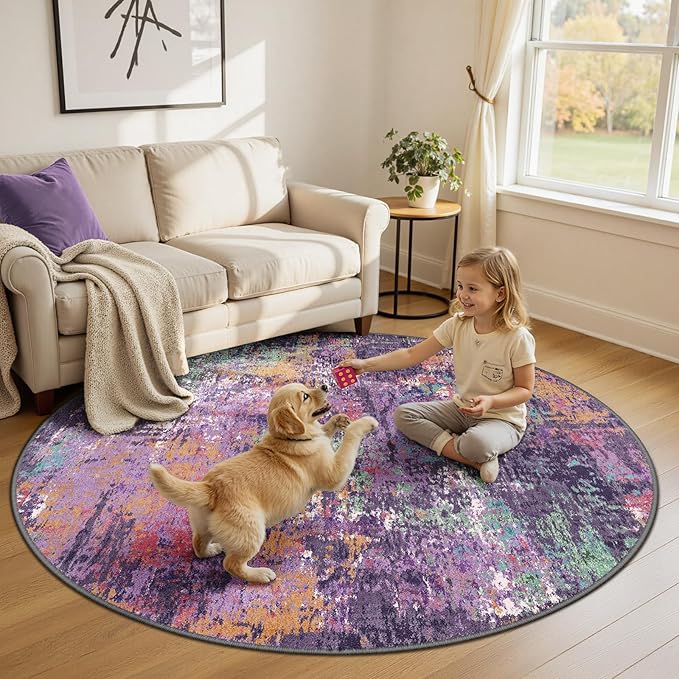 Washable Area Rugs 6ft Non-Slip Modern Abstract Soft for Living Room Entryway Bedroom Nursery, Print Pattern, Purple Orange Blue Green Rust Red Colorful