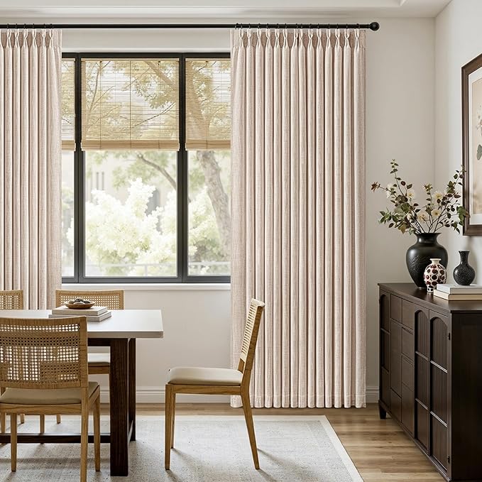 MIULEE Pinch Pleated Thick Linen Curtains 90 Inches Long 2 Panels for Living Room Bedroom, Linen Textured Memory Trained Pleat Drapes Back Tab Light Filtering Sand Beige Window Curtains with Hooks