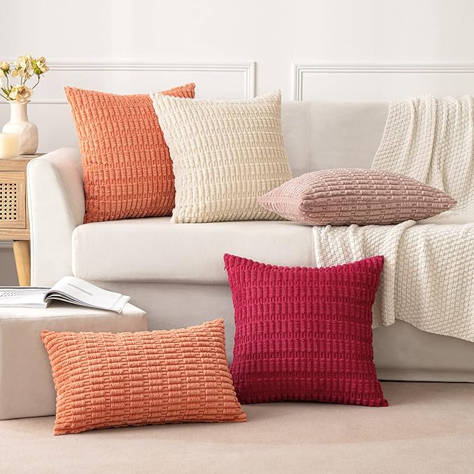 MIULEE Pack of 2 Corduroy Decorative Throw Pillow Covers 18x18 Inch Soft Boho Striped Pillow Covers Modern Farmhouse Home Decor for Summer Sofa Living Room Couch Bed Coral