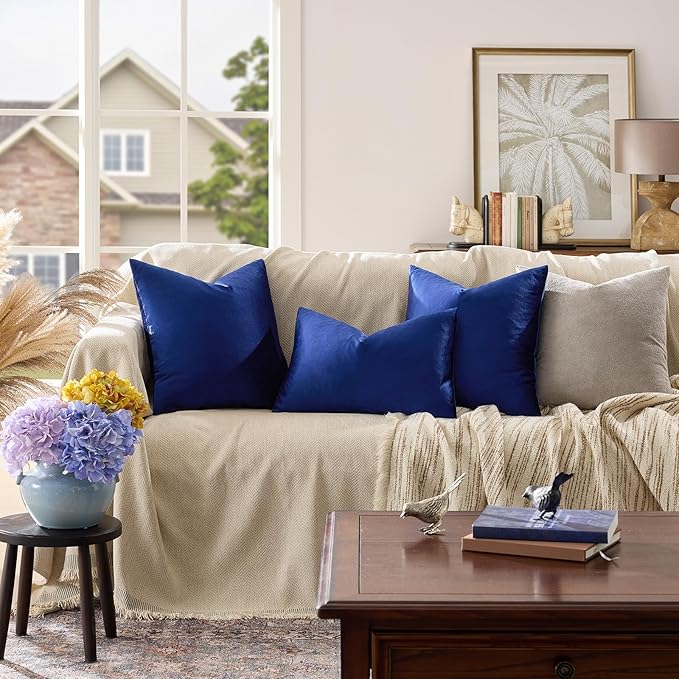GIGIZAZA Blue Throw Pillow Covers 24x24, Pack of 2 Velvet Couch Pillows Living Room Decorative Square Cushion Cases Home Decor Bedroom Super Soft Throw Pillowcases