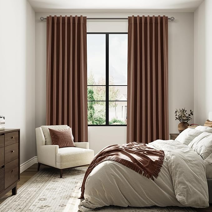 Guken 100% Blackout Curtains 120 Inch Length 2 Panels Set for Living Room Bedroom Back Tab Thermal Insulated Black Out Linen Drapes Room Darkening Window Curtains Rustic Brown 52x120
