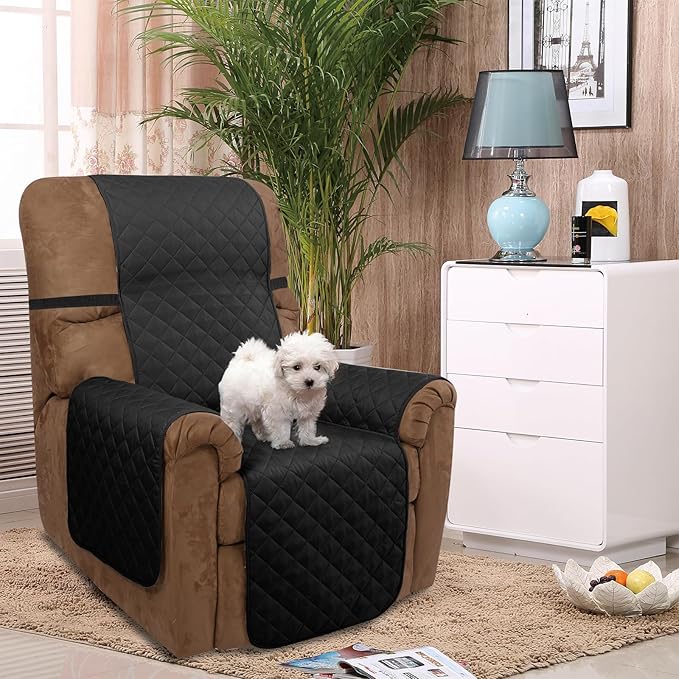 U-NICE HOME Recliner Chair Covers Reversible Quilted Water Repellent Pet Protectors with Elastic Straps (23''Recliner Small, Black/Black)