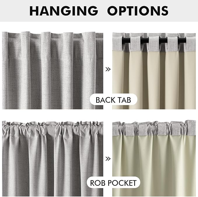 MIULEE 100% Blackout Linen Curtains for Bedroom, Greyish White Solid Luxury Decor Thermal Insulation Room Darkening Drapes for Living Room Nursery Back Tab Rod Pocket 42 x 72 Inches, 2 Panels