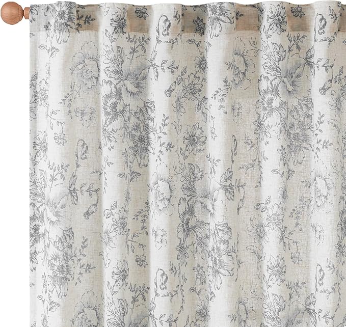 jinchan Linen Blend Curtain Floral Curtains for Living Room 54 Inch Length Grey Printed Curtain Rod Pocket Back Tab Farmhouse Peony Flower Patterned Drapes Bedroom Window Curtains Set 2 Panels