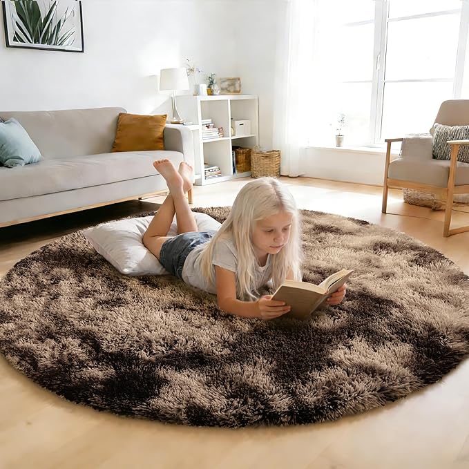 Fluffy Round Rug,Soft Area Rugs for Girls Room,Shaggy Rugs 5'X5' for Living Room,Non Slip Circle Rug for Kids Bedroom,Shag Plush Nursery Carpets,Fuzzy Rug for Dorm,Room Decor Carpet,Tie-Dyed Coffee