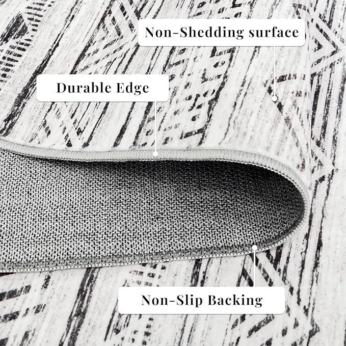 Washable Moroccan 2'6"x12' Hallway Rug - Non Slip Kitchen Runner Rug Soft Bedroom Floor Mat Rubber Backing Rug for Living Room Entryway Farmhouse with Low Pile Carpet 2'6"x12' Gray