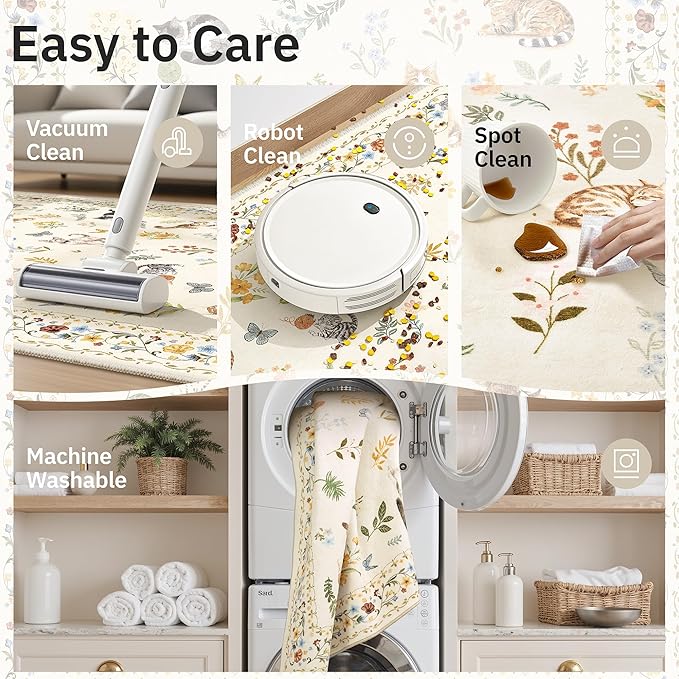 Cat 8x10 Area Rugs for Living Room, Machine Washable Animal Floral Vintage Rug Non-Slip Low Pile Soft Throw Large Rugs for Bedroom Dining Room Kitchen Nursery Playroom (8 x 10,Beige)