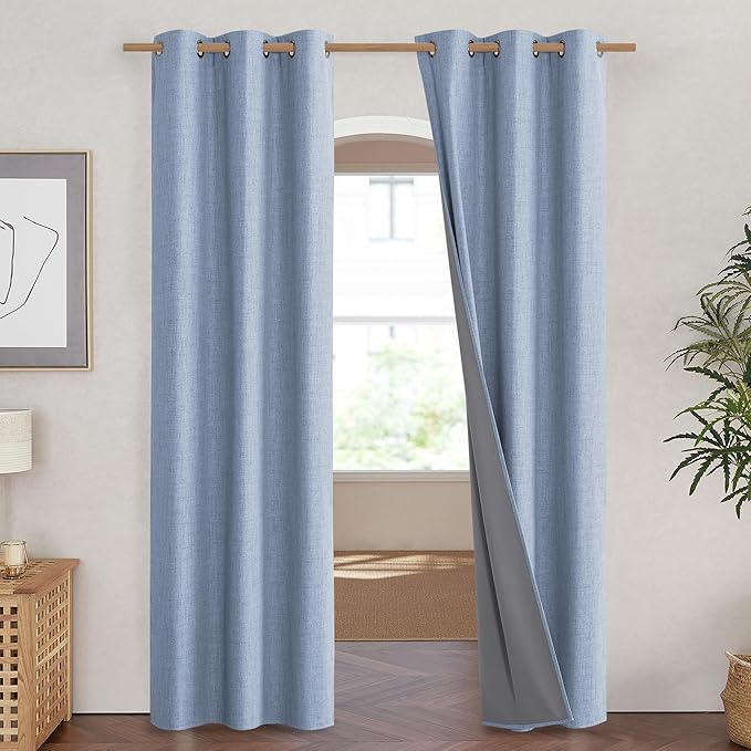 NICETOWN Stone Blue Vintage Linen 100% Blackout Curtains for Living Room, Thermal Insulated Curtains 90" Long, Noise Reducing Window Treatment Drapes for Hall Room, 42" Wide Per Panel, Set of 2
