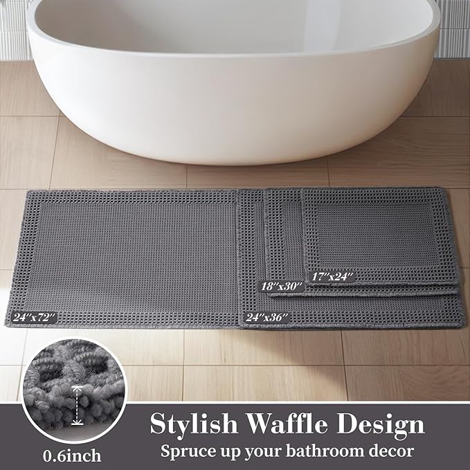 RESARE Waffle Bath Mat, Super Absorbent Non-Slip Machine Washable, Ultra Soft Boho Bath Rug with Tassels, Upgraded Bordered Design, 18"x30" Dark Grey