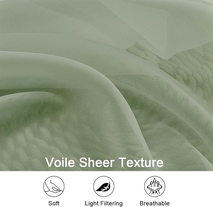 OWENIE Sheer Sage Green Curtains, Sheer Curtains 63 inch Length 2 Panels Set, Rod Pocket Voile Fimly Sheer Drapes for Living Room Bedroom, 2pcs, Sage Green, Each 59" W x 63" L