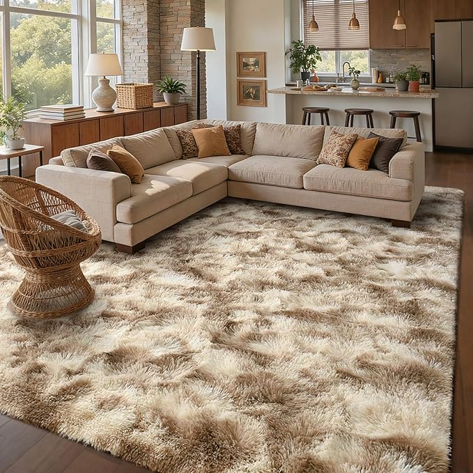 8x10 Ft Extra Large Shag Rugs for Living Room, Tie Dyed Ultra Soft Fluffy Furry Area Rugs for Bedroom Indoor Floor, Aesthetic Carpet for Kids Home Decor (Khaki)
