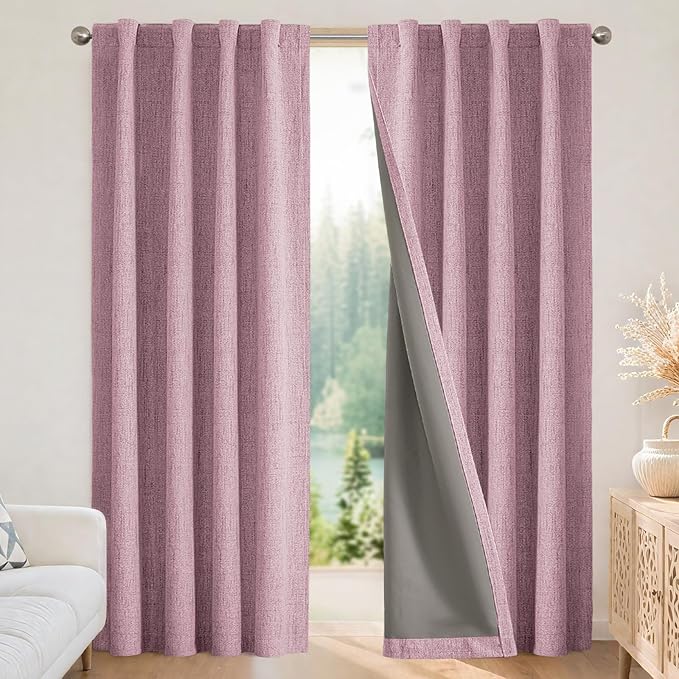 Joydeco Blackout Curtains for Bedroom - 100% Light Blocking 2 Panels Set Pink Drapes 66" W x 90" L, Thermal Insulated Room Darkening Curtains, Linen Textured for Living Room, Rod Pocket & Back Tabs