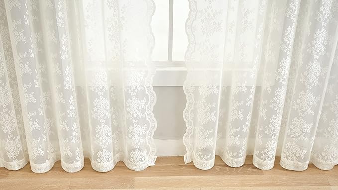 YJ YANJUN Vintage Lace Curtains 63 Inches Length- Elegant Victorian Floral Ivory Sheer Curtain Panels for Living Room Bedroom Kitchen, Scalloped Edges Rod Pocket, 2 Panels 52W x 63L Cream