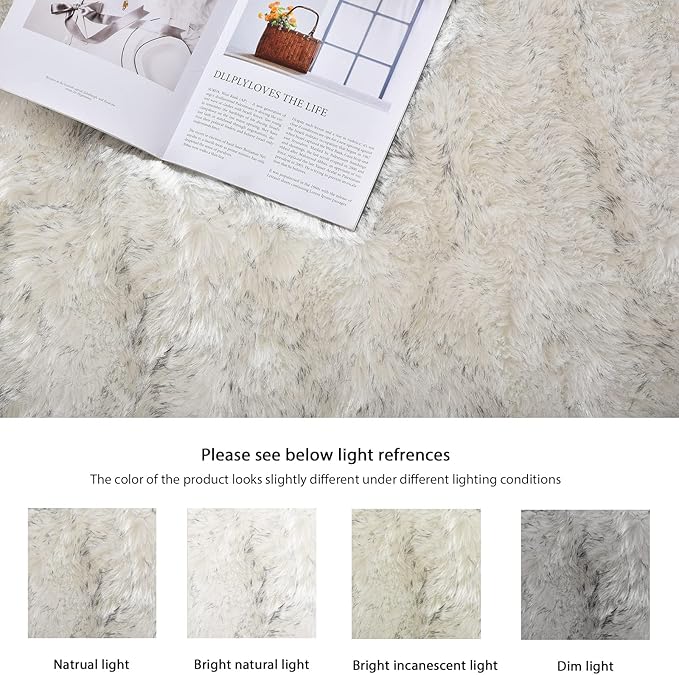 ORINOVA White and Grey 4X6 Faux Sheepskin Shag Fur Runner Rugs for Living Room Bedroom Fluffy Washable Furry Area Rug Nursery Teen Room Décor