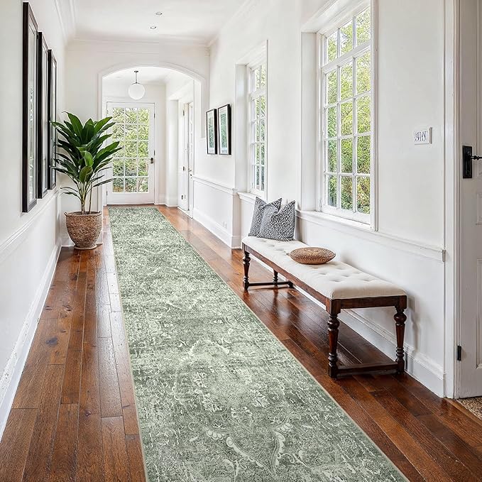 2'6"x16' Washable Hallway Runner Rug - Non Slip Kitchen Runner Rugs with Rubber Backing Vintage Low-Pile Carpet Runners for Entryway Dining Room Laundry Room Home Decor (Muted Sage Green)