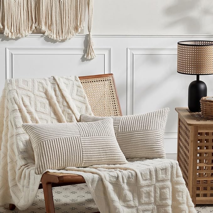 Fancy Homi 2 Packs Neutral Taupe Lumbar Decorative Throw Pillow Covers 20x28 Inch for Living Room Couch Bed Sofa, Farmhouse Home Decor, Soft Striped Corduroy Rectangle Accent Cushion Case 50x70 cm